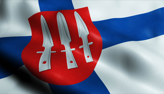 3D Waving Finland City Flag of Nurmes Closeup View