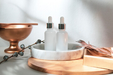 mockup of beauty fashion cosmetic makeup bottle lotion  serum dropper product with skincare healthcare concept on background