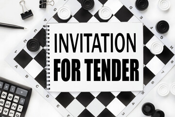 INVITATION FOR TENDER, notebook on a chessboard, checkers white and black