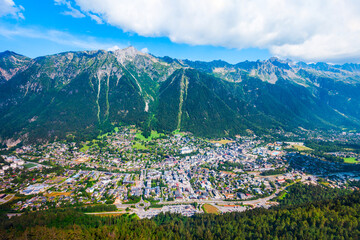 Chamonix town aerial panoramic view