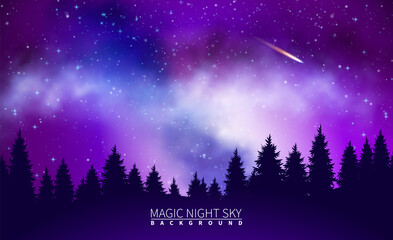 Night mystical, magical sky. Milky Way, falling comet. Black silhouettes of trees. Bright colorful space. Space background with stars. Abstract vector illustration.