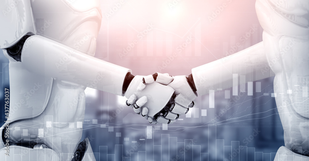 Poster 3d rendering humanoid robot handshake to collaborate future technology development by ai thinking br
