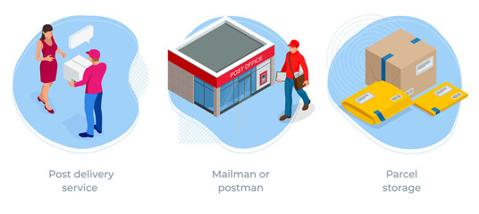 Isometric concept of Post office, Post delivery service , Mailman or postman, Parcel storage, Correspondence, Newspaper, Letters and Journal