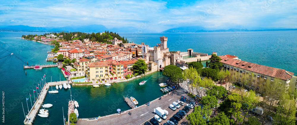 Poster scaligero castle aerial view, sirmione