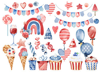 4th of July clipart, American independence day clipart, Labor day clip art, blue and red watercolor clipart, USA  flag clipart  - 437763667