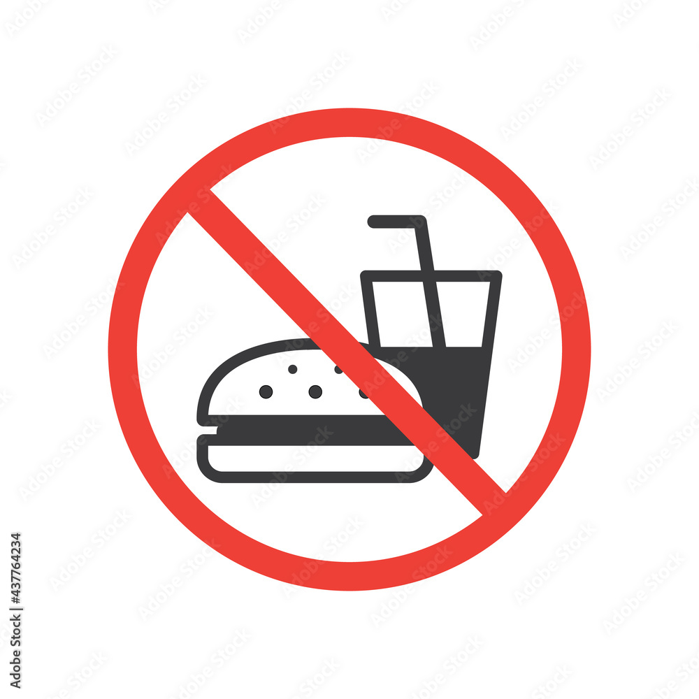 Wall mural No food or drink allowed sign, fast food prohibited, crossed out hamburger and soda cup, vector, icon.