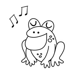 Vector black and white singing frog. Funny woodland swamp animal. Cute forest line illustration for kids isolated on white background. Outline toad icon.