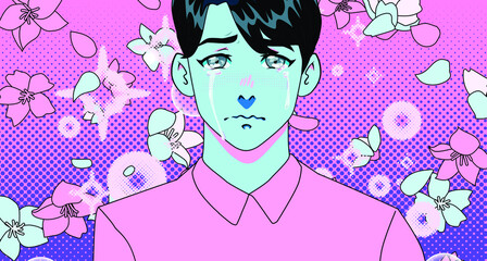 Young man is upset and crying. Pop art comic style illustration in neon vivid colors with dotted halftone effect.