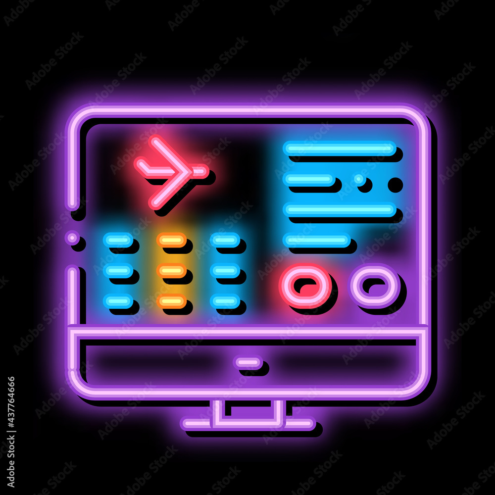 Poster flight information web site neon light sign vector. glowing bright icon flight info on computer scre