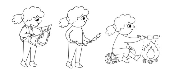 Black and white girl doing summer activities. Cute outline kid walking with map and sitting in front of the fire with marshmallow and sausage. Vector summer camp set. Camping character icon.
