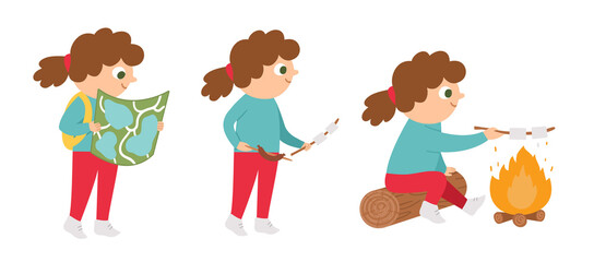 Girl doing summer activities. Cute kid walking with map and sitting in front of the fire with marshmallow and sausage. Vector summer camp set. Camping character. Woodland travel tourist icon.