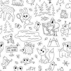 Vector black and white seamless pattern with forest animals, insects and birds. Funny woodland campfire digital paper. Cute forest repeat outline background for kids with mountains, trees.