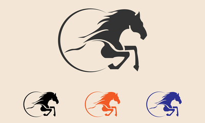 Fast speed Jumping horse logo design elements, side view running horse logo template, Horse Race logo design, Silhouette equestrian Horse racing logo template in different color vector illustration.