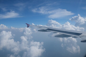 Fototapeta na wymiar Clouds and sky as seen through window of an airplane.