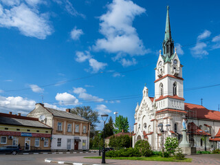 Fototapeta premium Stryi, Ukraine - May, 2021: Church of Our Lady Protectress, Polish Roman Catholic Church in Stryi, Prykarpattia region, Lviv Oblast, Ukraine.