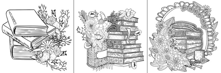 Books with flowers coloring page set