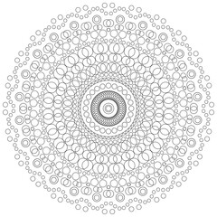 Coloring book page mandala made from circles, black and white relaxing drawing