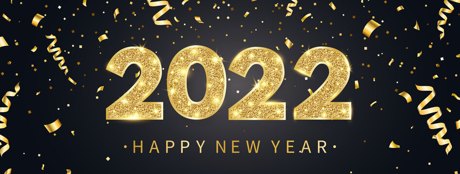2022 Happy New Year greeting card with golden confetti. Gold and black celebration design. Luxury party template. Merry Christmas poster with text and light number decor. Vector illustration