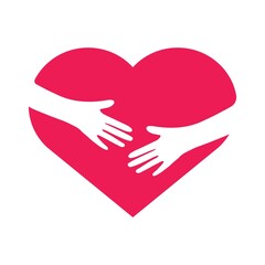 Hand embracing heart. Love yourself concept. Volunteer support flat sign. Vector illustration.