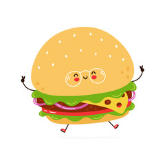 Cute funny burger in glasses character. Vector hand drawn cartoon kawaii character illustration icon. Isolated on white background. Burger character concept