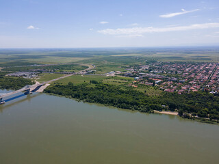 Aerial view of town of Calafat at the coast of Danube river, Romania