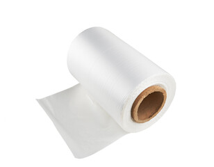 A roll of wrapping plastic film on a white background. Polypropylene or polyethylene rolls for...