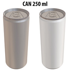 3D rendering - High resolution image of CAN 250ml, white and silver,  isolated on white background, high quality details, print ready for large format