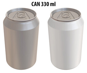 3D rendering - High resolution image of CAN 330ml, white and silver,  isolated on white background, high quality details, print ready for large format