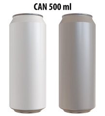 3D rendering - High resolution image of CAN 500ml, white and silver,  isolated on white background, high quality details, print ready for large format