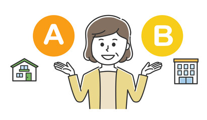 A woman comparing detached house and condominium. Vector illustration isolated on white background.