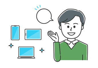 Man wearing ordinary clothes explaining handheld devices. Vector illustration isolated on white background.