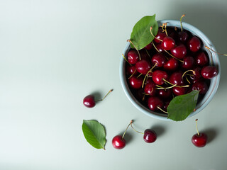 ripe cherries in a bowl on a menthol background with place for your text