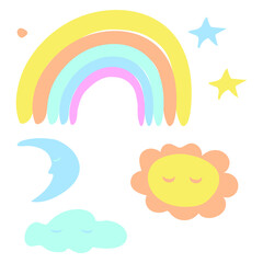 Isolated elements on a white background. Delicate children's rainbow, sun, moon and stars. Suitable for decorating a children's room, posters and postcards.