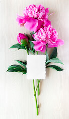 on a light hill a wooden background is a bouquet of three pink peonies with a white rectangular card postcard. vertical frame