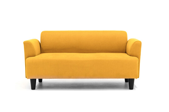 Yellow Scandinavian style contemporary sofa on white background with modern and minimal furniture design for stylish living room.