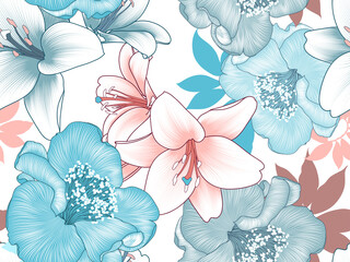 Seamless vector pattern with bright colors of camellias and lilies. Abstract summer floral background for design.