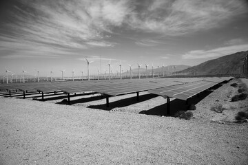solar panels in a photovoltaic power station. Solar power panels. Solar power plants. Solar panels in Southern California. Black and White.