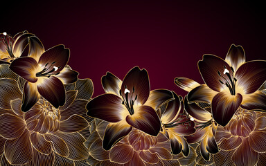 Golden  luxury vintage background with golden dahlia and lily flowers.
