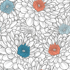 Abstract seamless pattern with hand-drawn chrysanthemum flowers. Pattern for creating packaging, wallpaper, fabric.