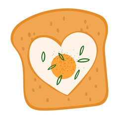 Cute heart shape fried egg and toast.Vector hand drawn cartoon