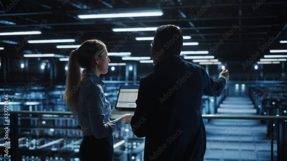 Aufkleber data center male it specialist and female e-business fintech startup manager talk, use laptop. cloud
