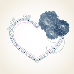 Beautiful vintage heart frame with hand-drawn dahlia flowers. Vector template for the design of greetings Happy Valentine's Day.