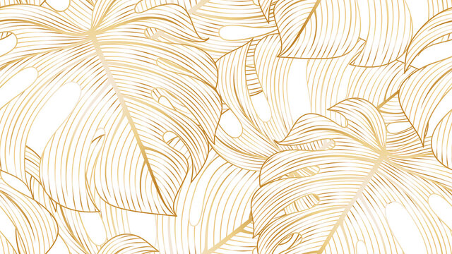 Vintage luxury seamless floral background with golden monstera leaves. Romantic pattern template for wall decor, wallpaper, wedding invitations, ceremonies, cards. © KatyArtDesign