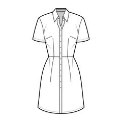 Dress shirt technical fashion illustration with short sleeves, fitted body, knee length pencil skirt, classic collar, button closure. Flat apparel front, white color. Women, men unisex CAD mockup