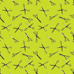 Seamless pattern of black scissors. professional hairdresser black scissors isolated on green. Black barber scissors, close up. pop art background, for prints or posters