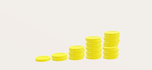3d. Golden Coin stacks growing graph on white background. Business investment and saving money concept. 3d render illustration