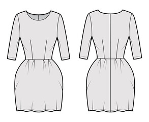 Dress bell technical fashion illustration with elbow sleeves, fitted body, mini length pencil skirt. Flat apparel front, back, grey color style. Women, men unisex CAD mockup