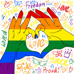Naklejka premium Pride rainbow hands showing heart sign with inspiring messages on the background. Pride month illustration in pop art comic style