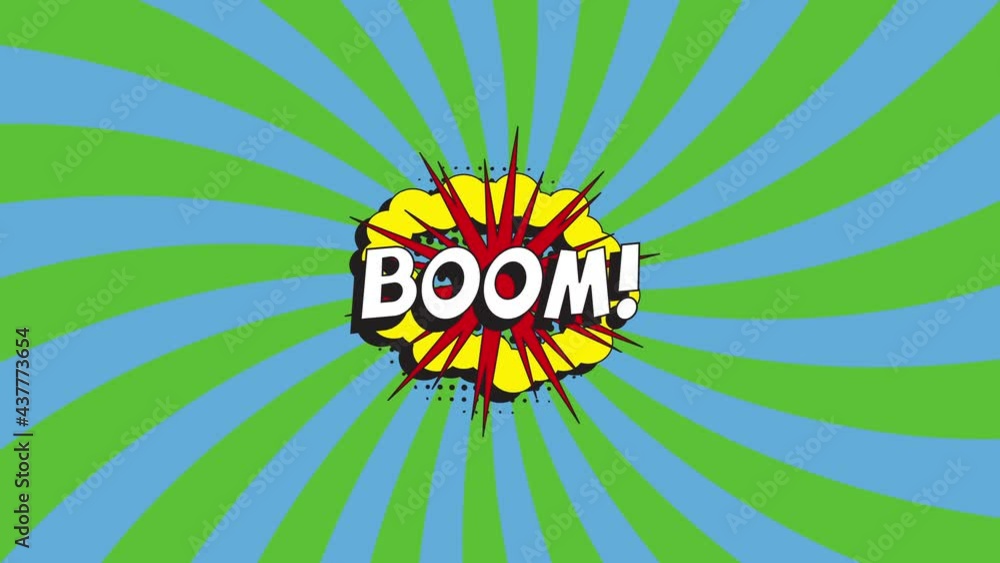 Poster 'boom!' in retro comics speech bubble with halftone dotted shadow on an animated background with gre
