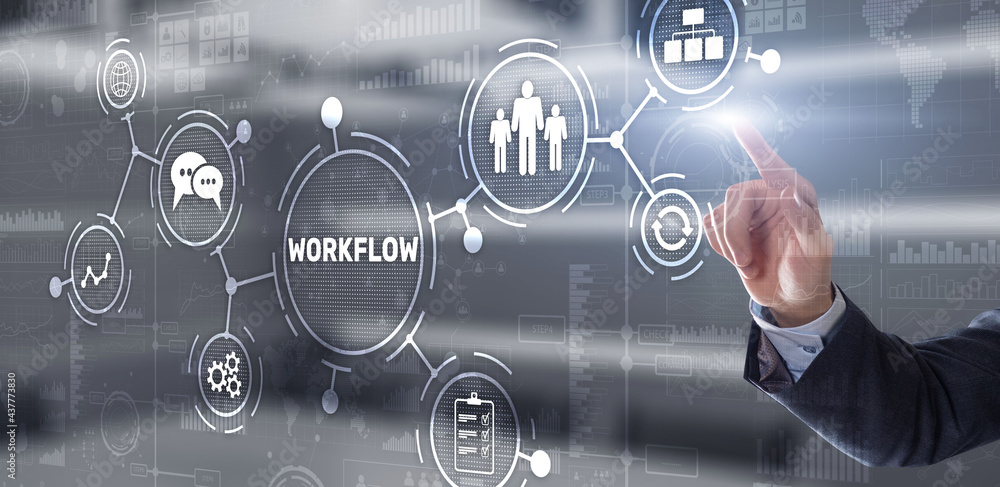 Poster workflow repeatability systematization buisness process. business technology internet